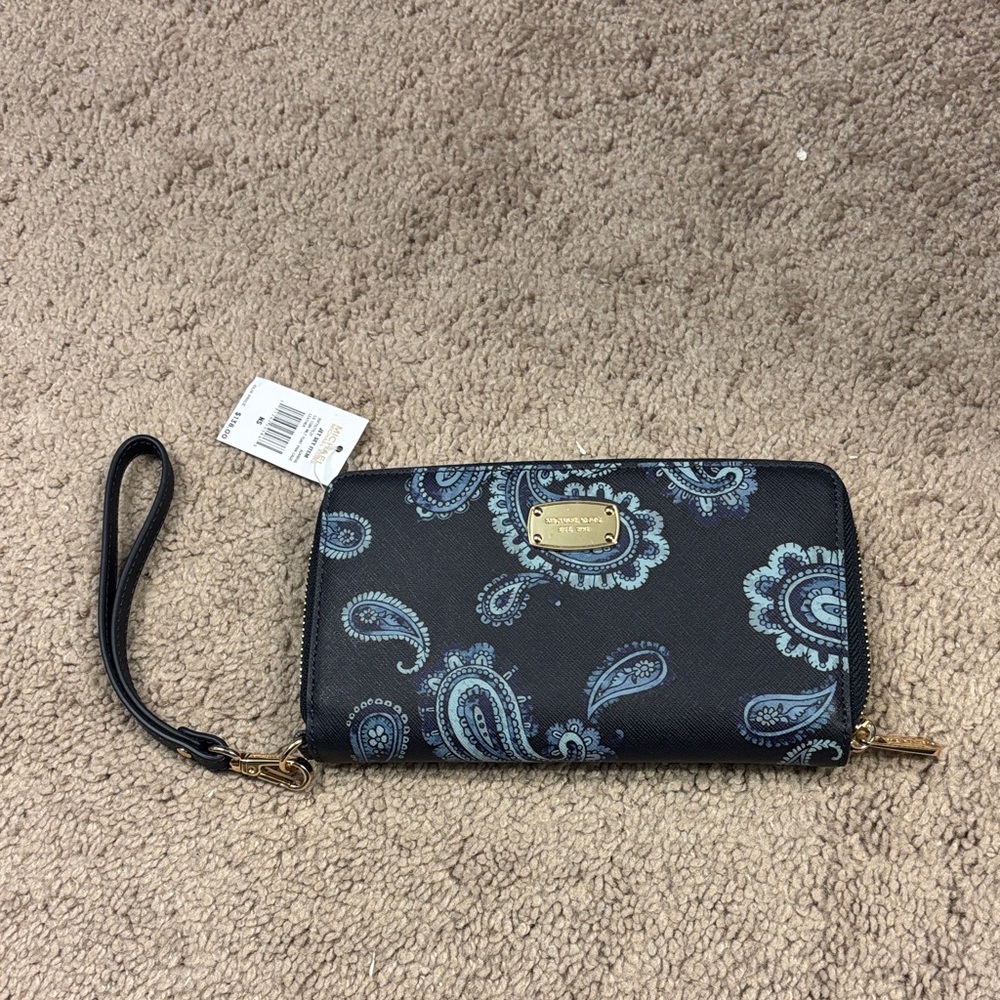 Michael Kors Black Wristlet Wallet with Blue Paisley
